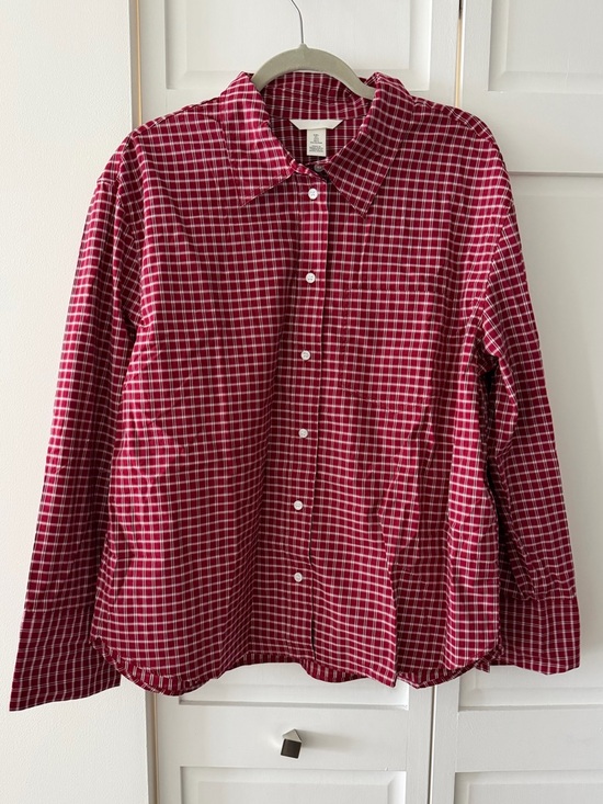 H&M Tops - H&M Red Plaid Oversized Button Down Shirt 100% Cotton NWOT Size L